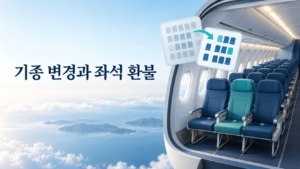 항공기 기종 변경에 따른 좌석 재배정과 유료 좌석 환불을 표현한 기내 좌석 일러스트
