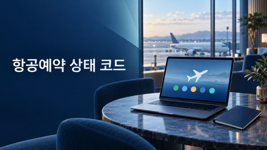 항공예약 GDS 상태 코드 확인을 상징하는 노트북과 공항 배경의 여행 준비 이미지
