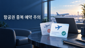 항공권 중복 예약 자동 취소와 사전 방지를 표현한 공항 배경의 예약 카드 일러스트