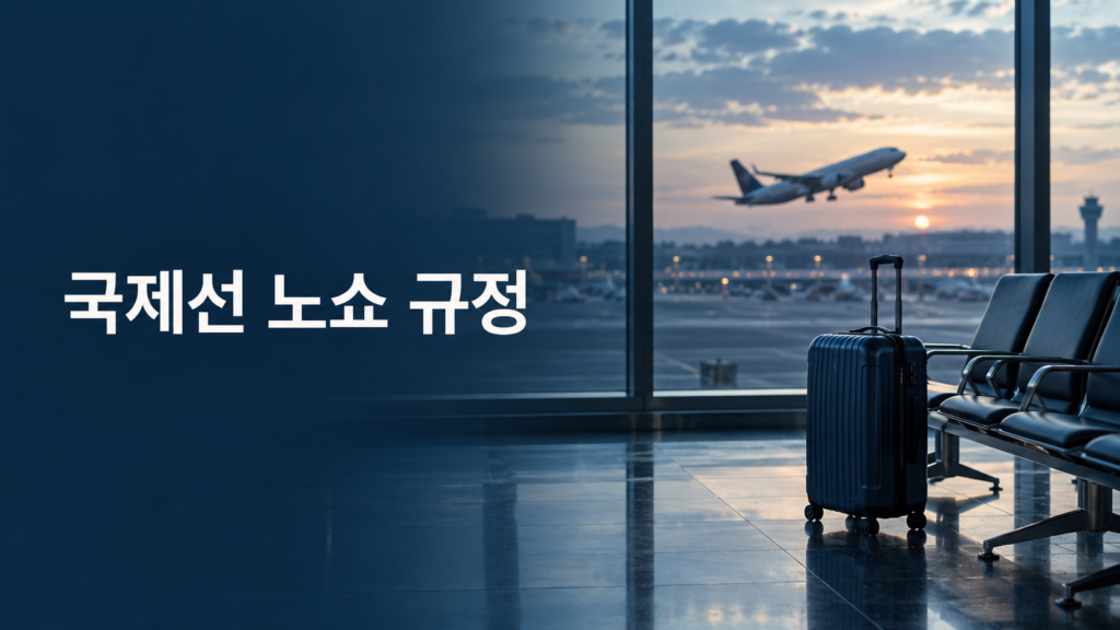 국제선 항공권 No-show 규정을 설명하는 공항 탑승구와 출발 항공기, 여행용 수하물