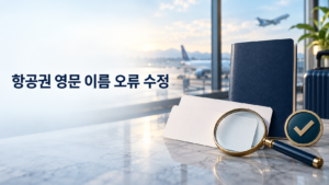 여권과 여행 서류를 돋보기로 확인하는 국제선 항공권 영문 이름 오류 수정 안내 이미지
