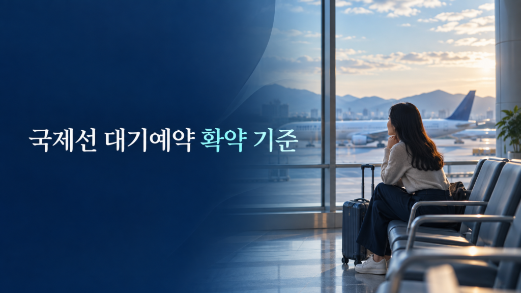 공항에서 항공편을 기다리는 여행자와 국제선 대기예약의 좌석 확약 기준을 표현한 이미지