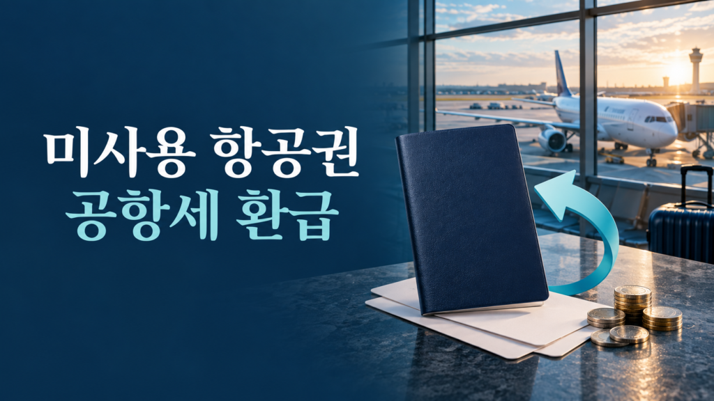 미사용 항공권 공항세 환급 기준: 환불 불가 티켓에서 돌려받을 수 있는 비용 1 공항과 항공기 배경에 여행 서류와 환급 화살표를 배치한 미사용 항공권 공항세 환급 안내 이미지